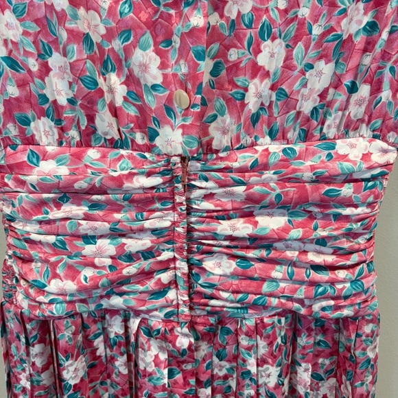 Vintage 80s Maggy Boutique Floral Pleated Skirt Ruched Waist Satin Midi Dress - Picture 8 of 11